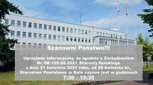 Zdjęcie: UWAGA!!! Informacja o funkcjonowaniu Starostwa Powiatowego w Kole.