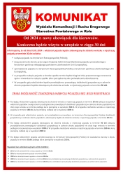 Zdjęcie: KOMUNIKAT Wydziału Komunikacji i Ruchu Drogowego  Starostwa Powiatowego w Kole  