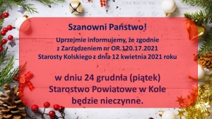 Zdjęcie: W Wigilię Starostwo Powiatowe w Kole nieczynne